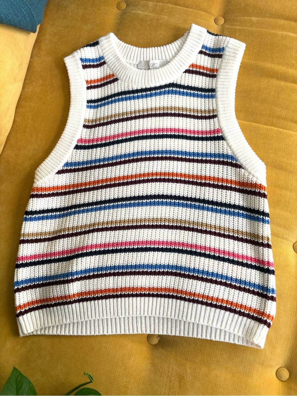 LOFT Cream Striped Knit Vest/Top with Blue, Brown and Orange Accents